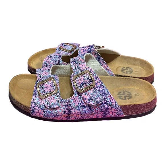 Simply Southern Floral Buckle Slip on Flip Flop Sandals Size 9 Pink/Blue - Picture 1 of 14